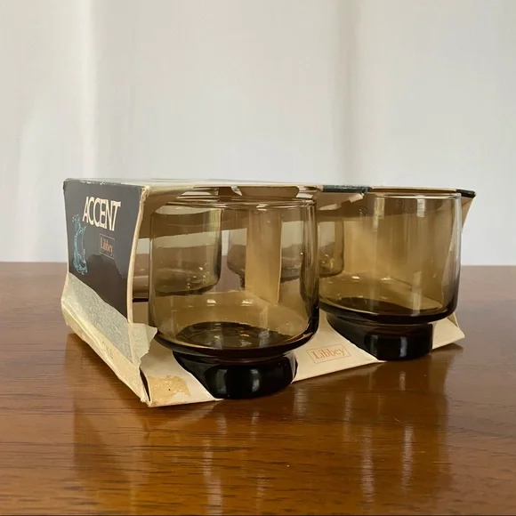 {SOLD} NIB Set mid-century modern smoky rock glasses by Libbey Co - Picture 5 of 12
